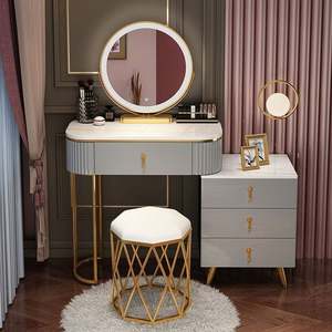 Commode moderne en bois massif de luxe léger pour chambre à coucher, coiffeuse multifonctionnelle intelligente avec miroir LED, rangement réglable, écologique pour - Product Image 3