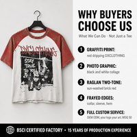 Kaos Raglan Custom Warna Merah Bata dengan Cetakan Grafiti di Dada, Grafis Kolase Vintage, dan Detail Fray, 280gsm untuk Merek, Produsen OEM ODM