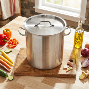 Casserole commerciale grande capacité en acier inoxydable triple couche, avec base encapsulée, extérieur poli miroir et poignées ergonomiques rivetées - Product Image 1