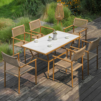 Ensemble de table et de chaises de salle à manger en teck empilables pour l'extérieur, résistant aux intempéries, avec dossier en corde tressée pour le mobilier de jardin