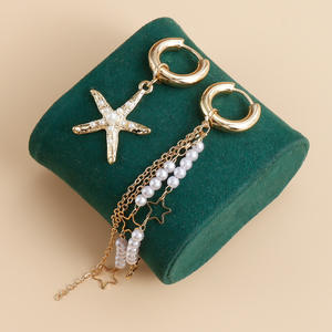 Verano playa vacaciones estilo nuevo desmontable bidireccional estrella de mar borla imitación perla asimétrica pendientes de aro para mujer - Product Image 3