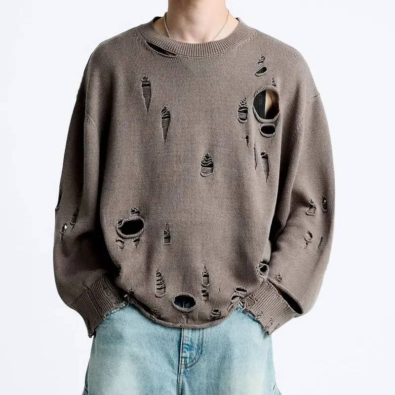 Maglione Pullover strappato con Logo personalizzato in maglia di cotone da uomo oversize