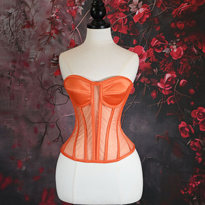 Top Corsé Glamuroso sin Tirantes con Escote Corazón, de Satén y Malla Transparente con Varillas, Estilo Bustier, para Fiesta y Noche en Club, Top Corto que Estiliza la Cintura - Product Image 6