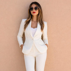 Ensemble de costume élégant blanc pour femme avec blazer ajusté et pantalon slim – Design de tailleur-pantalon formel pour affaires - Product Image 1