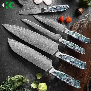 5PCS大马士革钢套大马士革VG 10厨师刀套装日本三德刀，带精致鲍鱼手柄