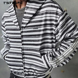 Sudadera con capucha y cremallera a rayas monocromáticas personalizadas con efecto pintado y hombros caídos en diseño relajado para ropa urbana de marca privada - Product Image 2