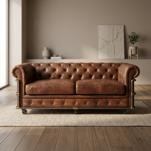 Sofá Chesterfield Industrial Vintage de Dos Plazas, Cuero Genuino, Mueble Cuadrado para el Hogar, Apariencia Antigua, para Apartamento - Product Image 2