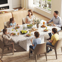 Ensemble de table à manger en bois personnalisé avec plateau en marbre blanc, 6 places, rectangulaire, avec structure en bois renforcée pour la maison familiale au quotidien