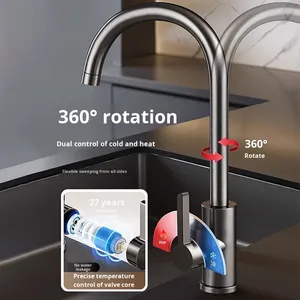 Robinet <span class=keywords><strong>de</strong></span> cuisine en acier inoxydable, poignée unique, pression accrue, anti-éclaboussures, eau chaude et froide, rotatif pour laver les légumes et la vaisselle - Product Image 2