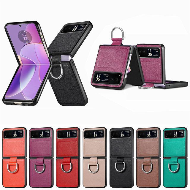 Leather Skin Hard PC Protection Ring Holder Phone Cover Case for Motorola Moto Razr 40 50 Ultra