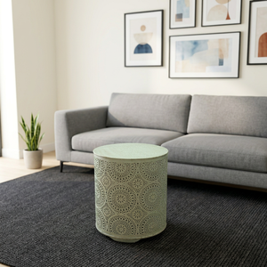 Mesa Auxiliar de Hierro Forjado Moderna S589 de Diseño Artesanal, Acabado Verde Claro, Montaje en Suelo, Forma Irregular, Decoración para Sala de Estar, Interior del Hogar - Product Image 1