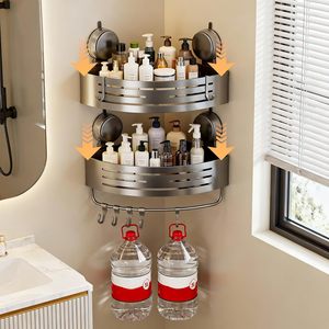 Porte-accessoires de douche à ventouse d'angle (lot de 2 gris), <span class=keywords><strong>étagère</strong></span> de douche en <span class=keywords><strong>aluminium</strong></span> sans perçage avec barre porte-serviettes et crochets, organisateur de rangement de <span class=keywords><strong>cuisine</strong></span> - Product Image 5