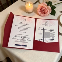Invitations de mariage personnalisées pliables en trois parties de couleur rouge |   Faire-part de mariage chinois traditionnel « Double Bonheur » avec cartes d'invitation