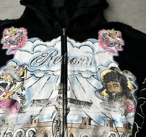 Nueva Sudadera con Capucha de Moda con Estampado DTG Desgastado, Cierre de Cremallera, Logotipo Personalizado, Color Negro, Estilo Y2K, Unisex, 100% Algodón - Product Image 2
