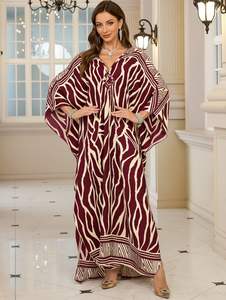 Robe longue d'été vintage sexy en coton et rayonne tissée, manches chauve-souris, col en V, imprimé léopard, pour soirée, transfrontalier - Product Image 4