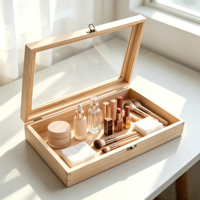Boîte de rangement en bois de pin naturel avec couvercle à clapet en verre, boîte de rangement de bureau pour artisanat, bijoux, papeterie, collection