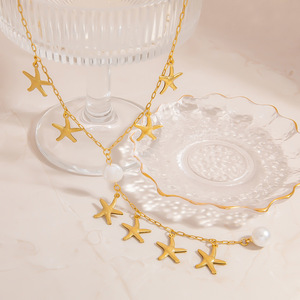 Collier de perles à motif étoile, couleur or 18 carats, chaîne de clavicule, pour femme, à porter au quotidien, thème océan, design géométrique - Product Image 3