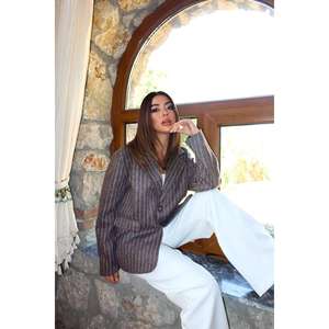 Veste en laine rayée marron pour femme, manteau chaud tissé à manches longues, décontracté, automne - Product Image 3