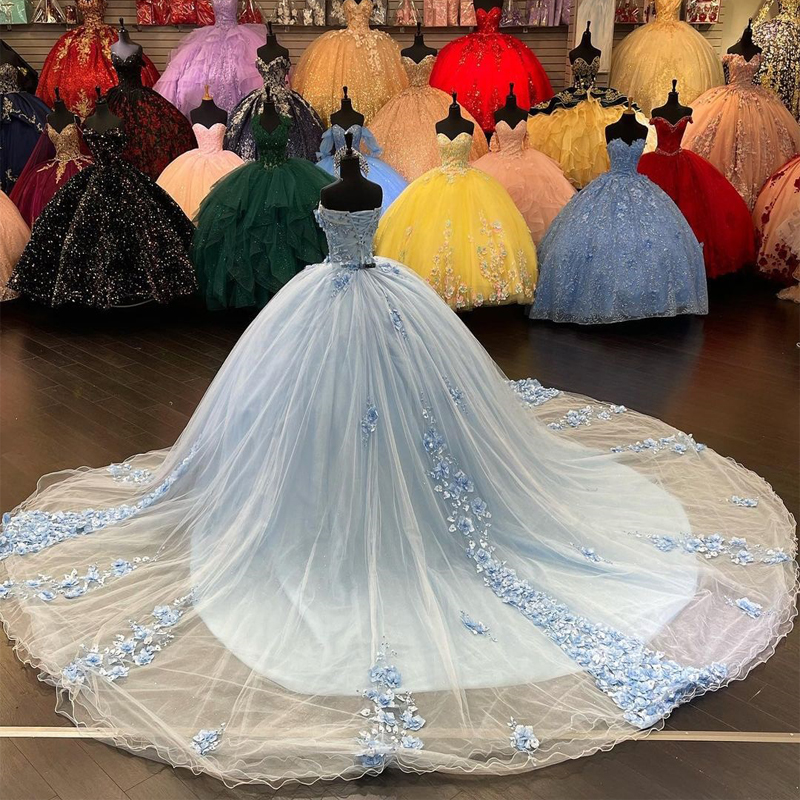 QD1603 Sky Blue Sweet 16 Quinceanera Dress with Cape 2022