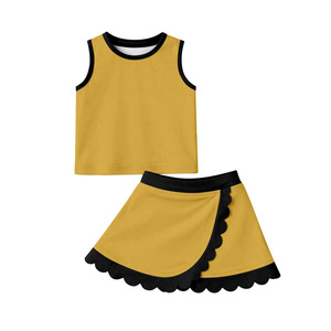 GSD4099 rts Ensemble de yoga d'été sans manches pour petite fille, jupe à carreaux marron jaune uni avec imprimé noir, tenue pour enfants - Product Image 1