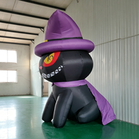 Chapeau de sorcière géant gonflable de chat noir d'Halloween, mascotte avec yeux et crocs maléfiques, pour décoration extérieure de jardin et maison hantée