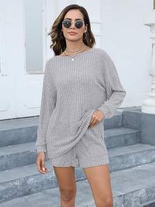 Damen Top Hose Frühling Herbst Kontrast farbe Split Langarm Strickwaren Hoch taillierte Slim Wide-Leg Zweiteiler Damen Set - Product Image 5