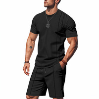 Ensemble deux pièces homme style américain transfrontalier, été, coupe ample, tricot gaufré, col rond, manches courtes, respirant, uni