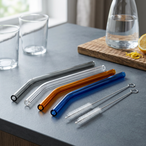 P012-00-00-A Ensemble de pailles à boire en verre borosilicate avec brosse de nettoyage, pailles en verre courbées réutilisables, colorées et transparentes - Product Image 1