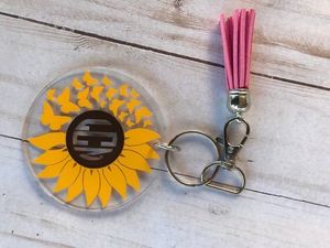 <span class=keywords><strong>Porte</strong></span>-<span class=keywords><strong>clés</strong></span> personnalisé en vinyle vierge de grande taille, disque transparent en acrylique, pompon tournesol - Product Image 3