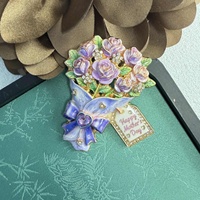 Broche en émail en forme de bouquet de roses, avec étiquette 'Joyeuse Fête des Mères', épingle cœur en strass, broches florales vintage