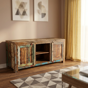 Mueble para TV de Madera Reciclada con Acabado Teal Envejecido, Mueble para Televisor Hecho a Mano con Dos Puertas y Estante Abierto, para Dormitorio de Hotel - Product Image 4