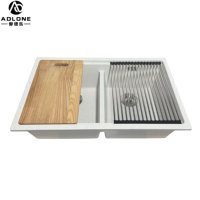 Évier de cuisine rectangulaire à double bac en pierre de quartz avec égouttoir et planche à découper, noir-gris, 10 mm d'épaisseur, garantie 3 ans
