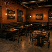 Conjunto de Muebles Comerciales para Restaurante Ron Group, Asientos de Cuero en Forma de L con Respaldo Alto, Mesa Cuadrada de Madera, Silla de Metal