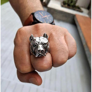 Anillo con forma de animal Shar Pei Dog para hombre, regalo, joyería, accesorio de moda en tono plateado - Product Image 4