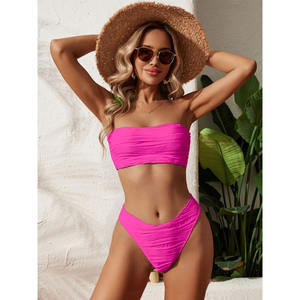 Custom Mulheres <span class=keywords><strong>Strapless</strong></span> Texturizado Bandeau Bikini 2 Peça Swimwear Atraente Sólido Respirável Secagem Rápida Frente Logo Trajes De Banho - Product Image 5