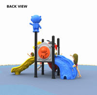 Équipement de jeu extérieur pour enfants charmant : Robot Top 2 Rider Wave Slide, Toboggan semi-enclos bleu, Toboggan Wave Slide jaune, Arche de jeu en forme de feuille