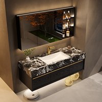 Meuble-lavabo de salle de bain flottant élégant et luxueux avec vasque en pierre frittée, armoire murale en bois massif et miroir LED intelligent – Ensemble 30 36 48