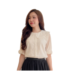 Hot Sale Elegant Ruffled Collar Shirt Women Solid Half Sleeve <b>Metallic</b> Fabric Pullover Blouse Casual Daily <b>Tops</b> OEM - Product Image 1