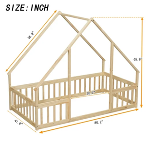 Estructura de <span class=keywords><strong>Cama</strong></span> <span class=keywords><strong>Doble</strong></span> con Barandillas en Forma de Techo de Casa, Construcción de Madera, Diseño <span class=keywords><strong>Montessori</strong></span>, Color Natural - Product Image 3