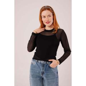 Blusa Básica de Tul Negro Transparente al por Mayor, con Logotipo Bordado, Estampado de Leopardo Disponible en Talla XL para Otoño, de Pana, Seda, Tejido de Punto - Product Image 5