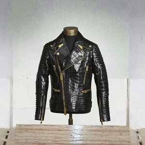 Veste en cuir pour homme à motif crocodile, col montant, style motard, fermeture éclair, coupe classique, service OEM - Product Image 3