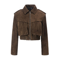 Veste courte en cuir de daim d'agneau véritable pour femme, style motard, coupe bomber, pour le printemps et l'automne