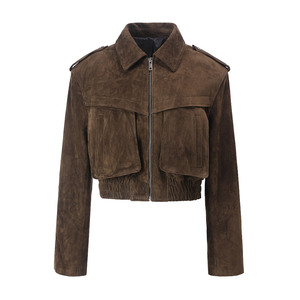 <strong>Women</strong> Cropped Bomber Motorcycle <strong>Style</strong> Short Outerwear Genuine Sheepskin Suede Leather <strong>Jacket</strong> <strong>for</strong> Spring Autumn - Product Image 2