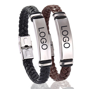 Customized Engrave Logo <b>Leather</b> Bangle Wristband Men's Stainless Steel Pu <b>Leather</b> Braided <b>Bracelets</b> - Product Image 1