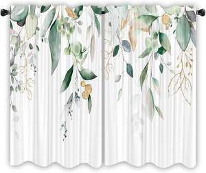 Rideaux courts pour cuisine, motif botanique eucalyptus vert sauge et or, style aquarelle, pour café, 2 panneaux - Product Image 1