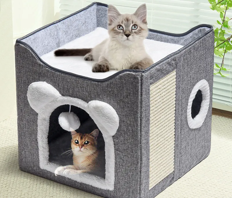 Venta al por mayor Pet Cat House Doble Capa Verano Invierno Plegable Lavable Cat Cave Bed House con Scratch Board