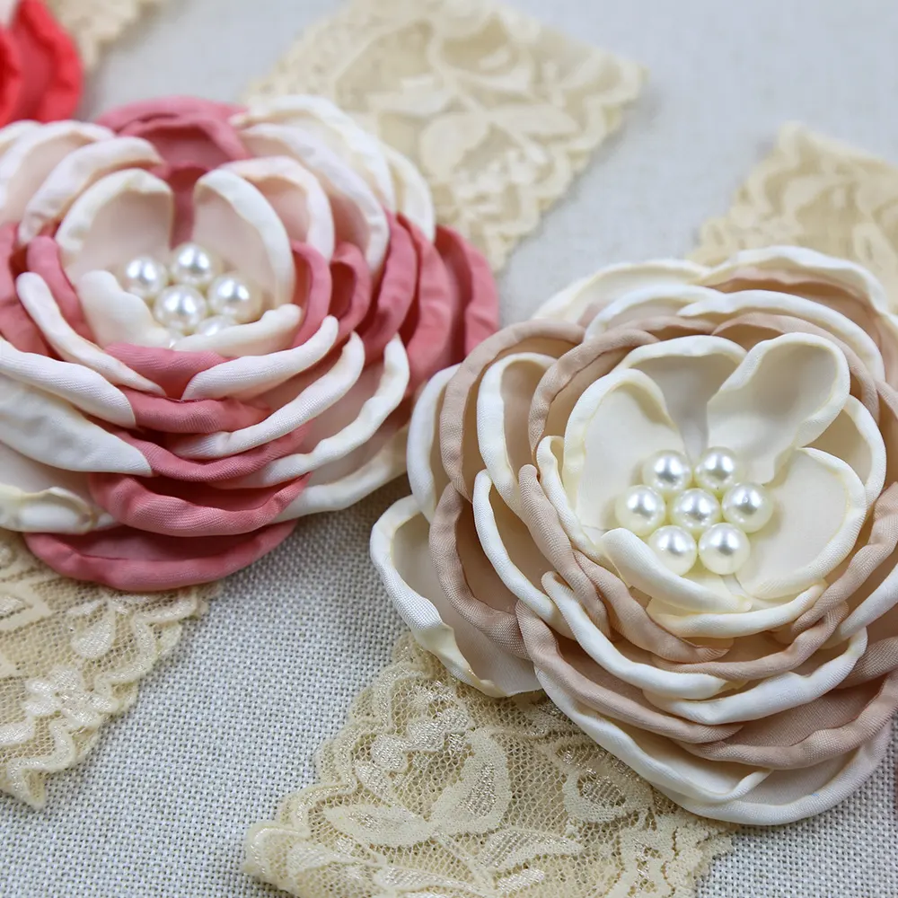 Large Flower Khaki Lace Baby Headband Pearl Soft Color Matching Elastic Hair Bands Newborn Girls pearl Hair Accessories