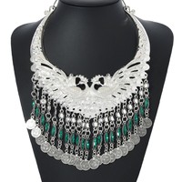 Nouveau collier ras du cou imposant style bohème antique, grand paon en alliage de zinc, multi-couches, strass et pampilles en forme de pièce de monnaie