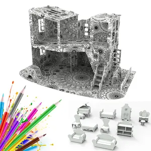לשחק בית סדרת שרבוטים 3D נייר פאזל צעצוע ילדי DIY הרכבה ציור נייר כפרי וילה שחבור צביעת פאזל