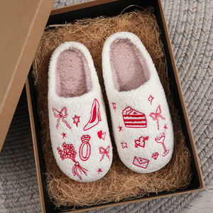 Pantofole da Casa in Peluche Ricamate per Donna, Stile Comodo da Interno con Motivi a Fiocco e Torta, Scarpe Calde per Autunno e Inverno - Product Image 1